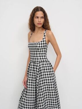 NEW Reformation Janu Midi Linen Dress Park Check Gingham | US 2 / UK 6
